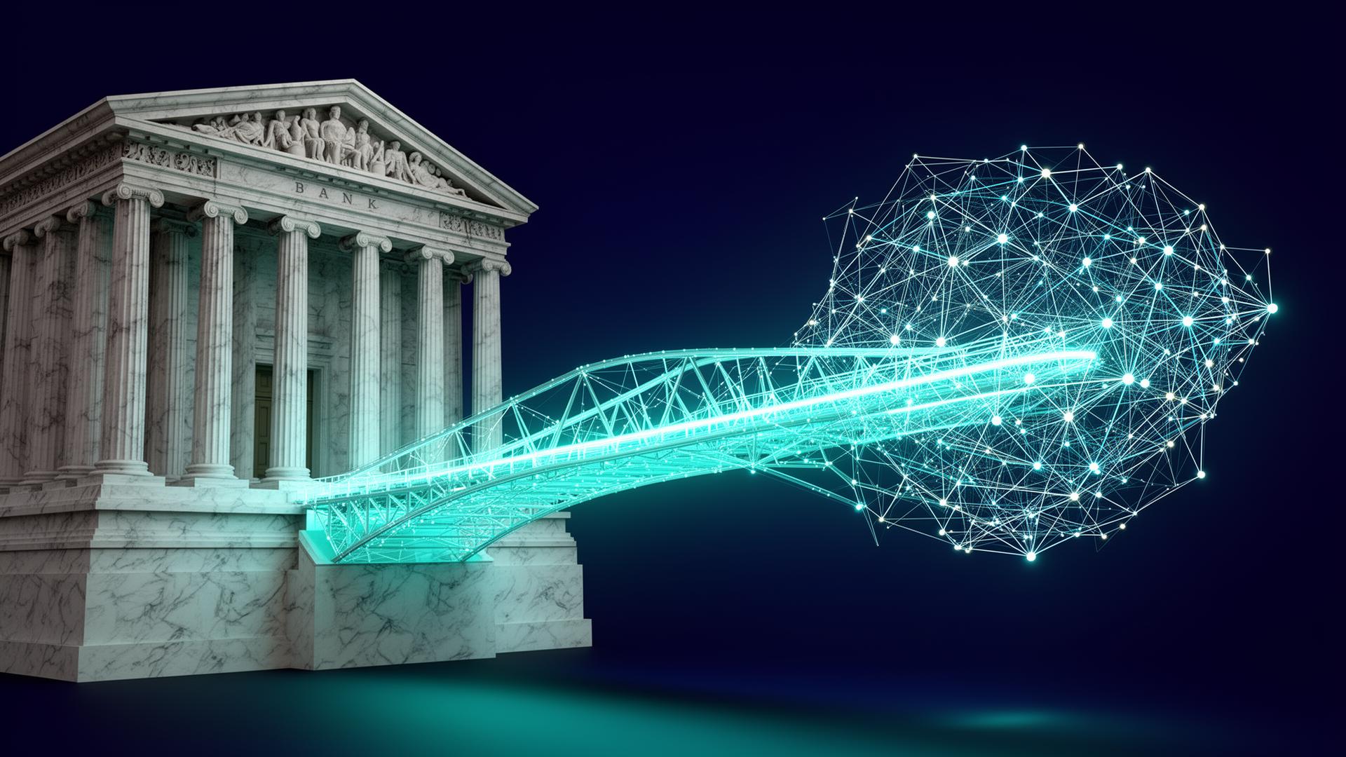 Digital infrastructure render representing the Fundex One Platform bridging traditional banking and blockchain
